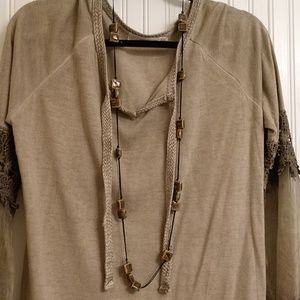 easel Tops - Soft tan tunic w/ cotton woven tie detail at nec easel Tops - Soft tan tunic w/ cotton woven tie detail at nec